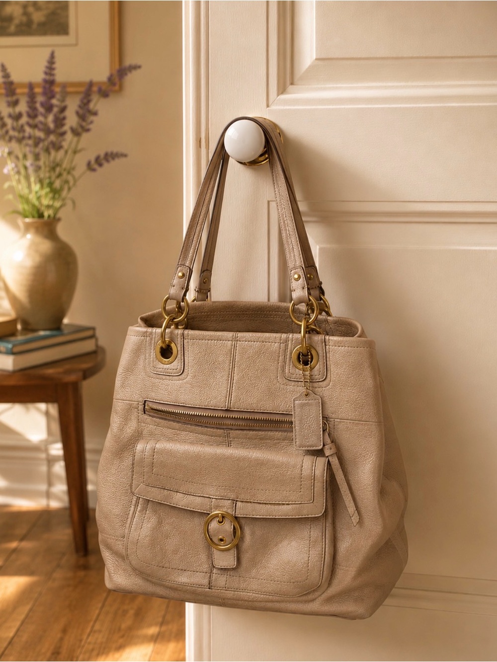 Coach Taupe Leather Shoulder Tote with Gold Hardware